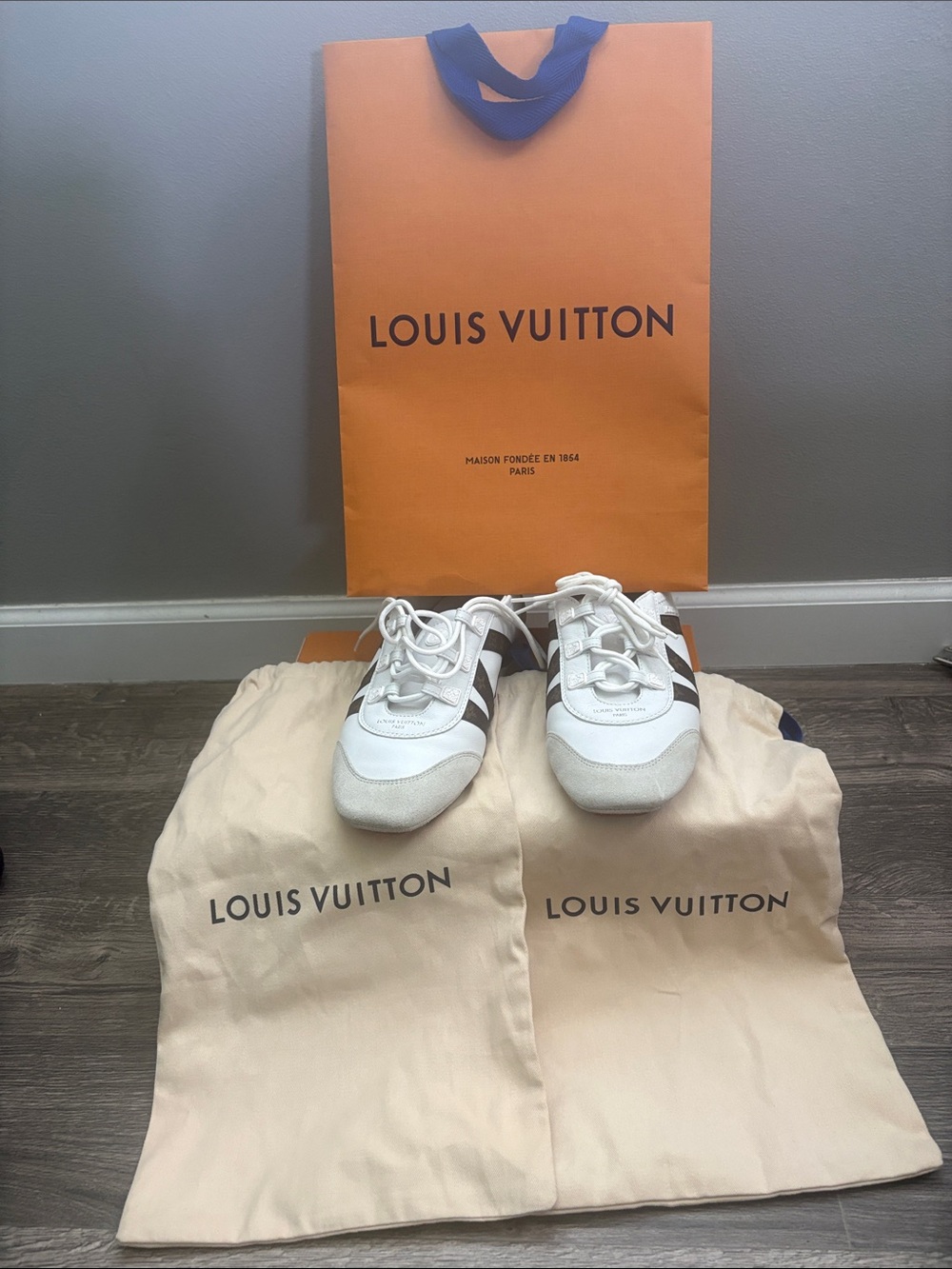 Louis Vuitton White and Brown Logo Accent Sneakers - Picture 5 of 5